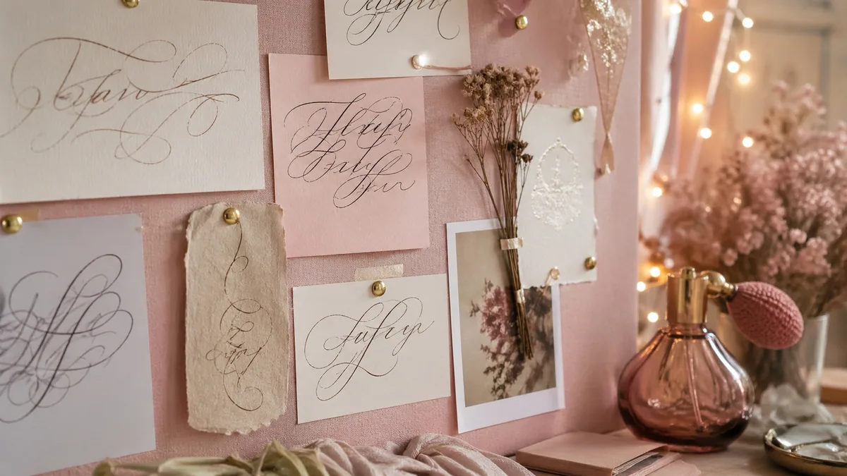 Pinned moodboard of aesthetic cursive lettering samples, dried flowers, and a vintage perfume bottle in dreamy natural light