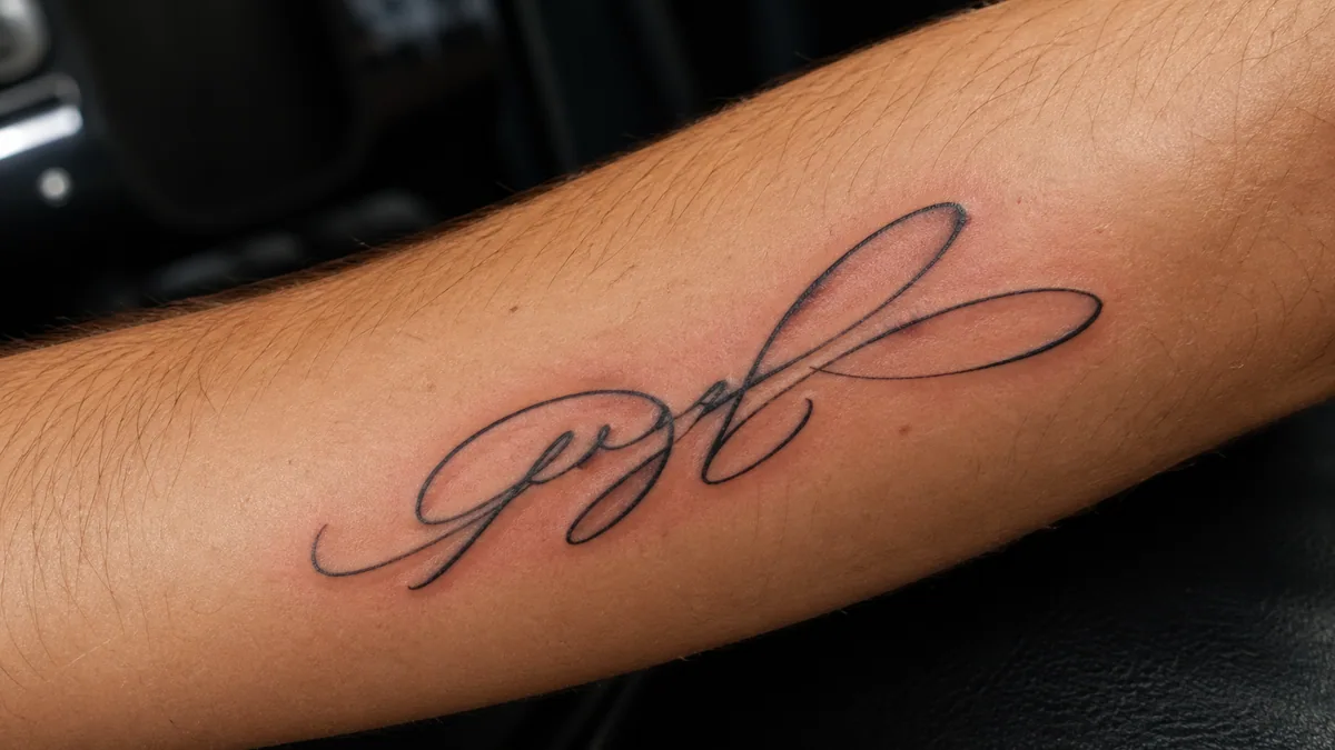 Close-up of a forearm with an elegant freshly inked script tattoo and slight redness around the lines