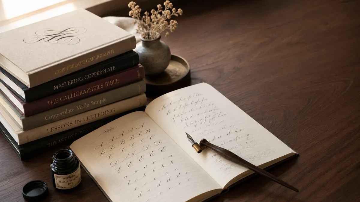 Stack of recommended calligraphy books and practice workbooks on a wooden desk.