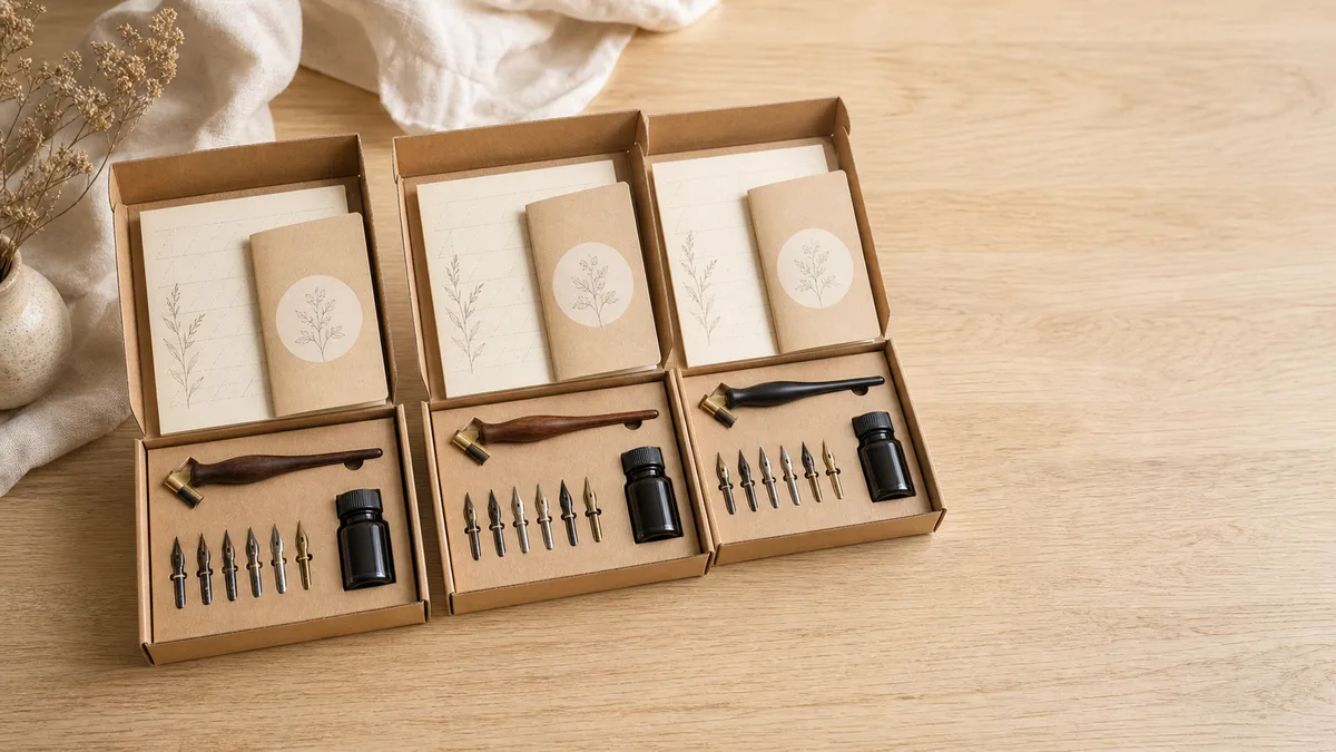 A row of complete calligraphy starter kits laid out on a wooden table.