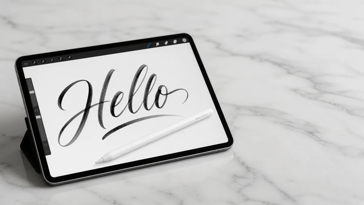 iPad Pro 13 inch with Apple Pencil Pro showing Procreate calligraphy workspace with modern calligraphy brushes