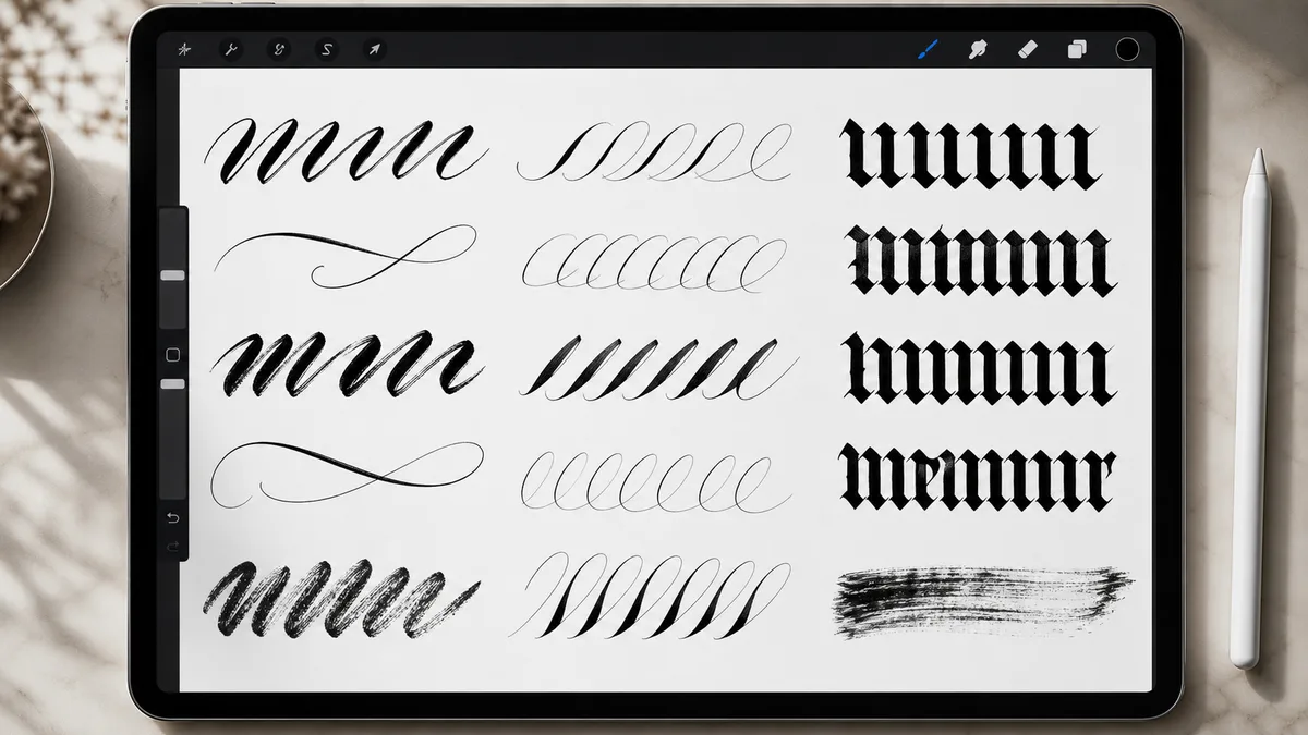 Collection of Procreate calligraphy brushes showing different stroke styles including modern calligraphy, Copperplate, and Blackletter