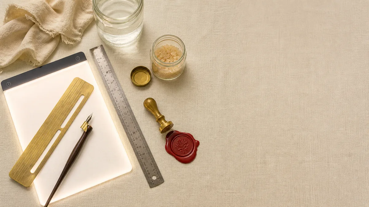 Calligraphy accessories: light pad, Ames guide, ruler, gum arabic, and wax seal stamp.