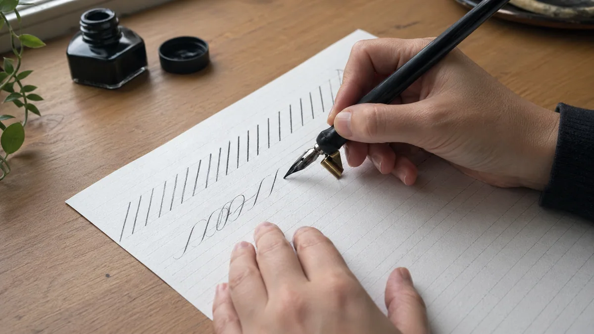 Beginner's hands practicing basic calligraphy strokes with an oblique pen holder on lined guideline paper