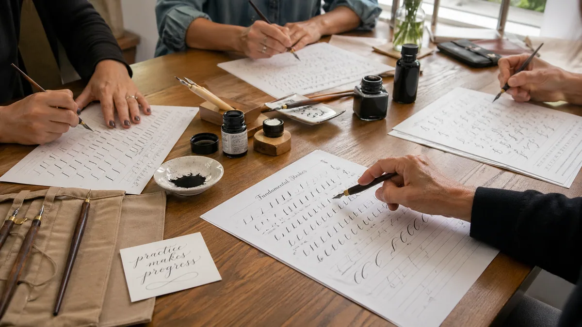 Small calligraphy workshop with three students' hands and an instructor demonstrating a stroke at a long wooden table