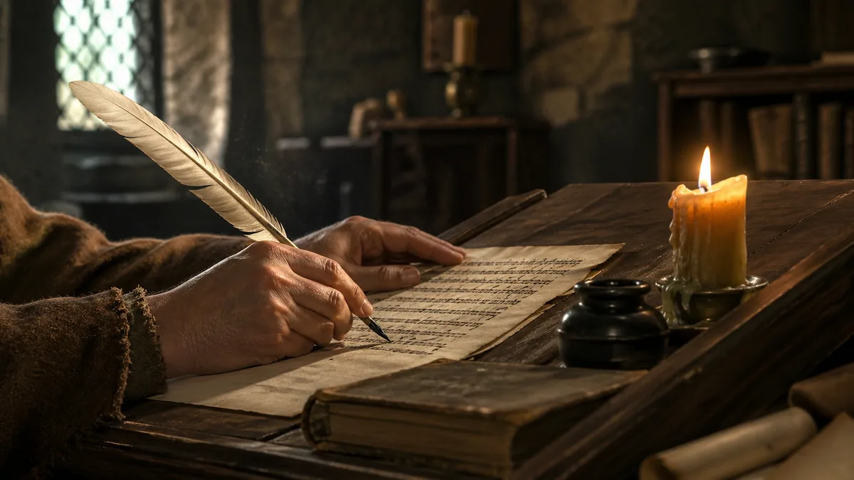 Medieval scribe's hands writing on parchment with a quill pen by candlelight in a stone-walled scriptorium
