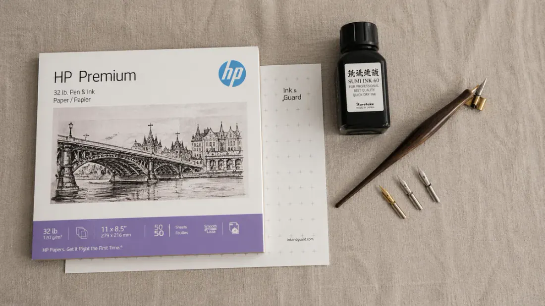Flat-lay of left-handed calligraphy tools: left-oblique holder, quick-drying Sumi ink, slick paper, and guard sheet