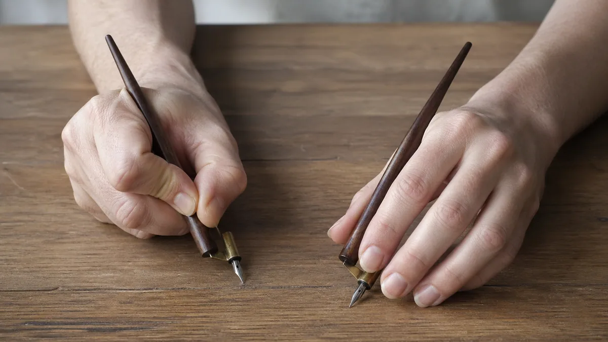 Side-by-side comparison of a tense, clenched pen grip versus a relaxed calligraphy grip