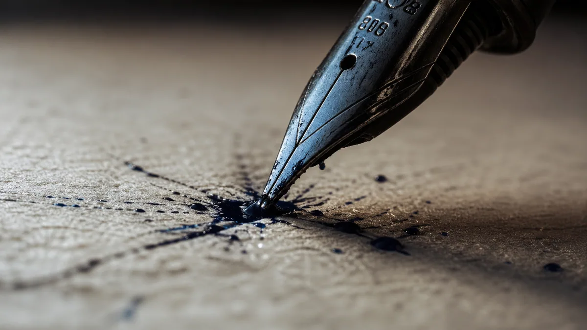 Macro close-up of a steel pointed nib pressed too hard into paper, showing ink splatter and raised paper fibers