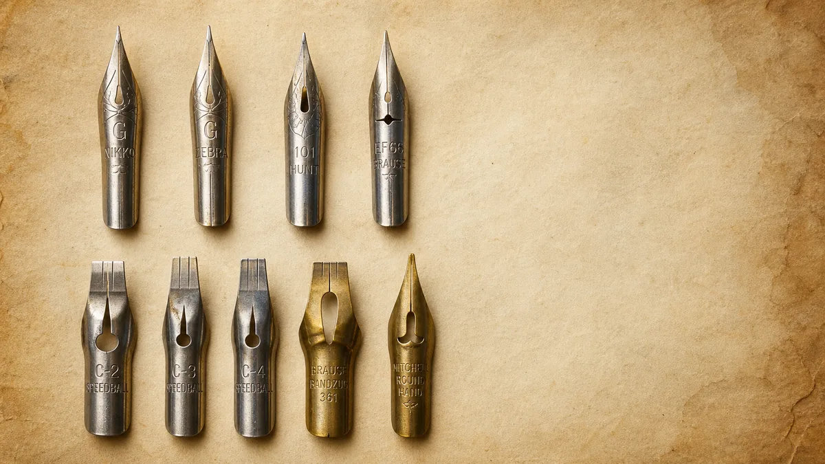 Pointed and broad-edge calligraphy nibs arranged on a parchment background.