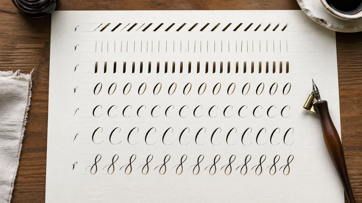 Practice sheet showing eight rows of fundamental calligraphy strokes drilled in dark walnut ink