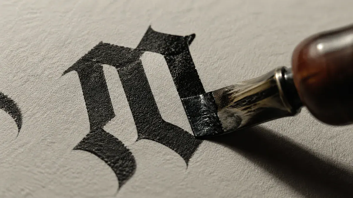 Macro close-up of a Gothic blackletter letterform being written with a broad-edge dip pen in dense black ink