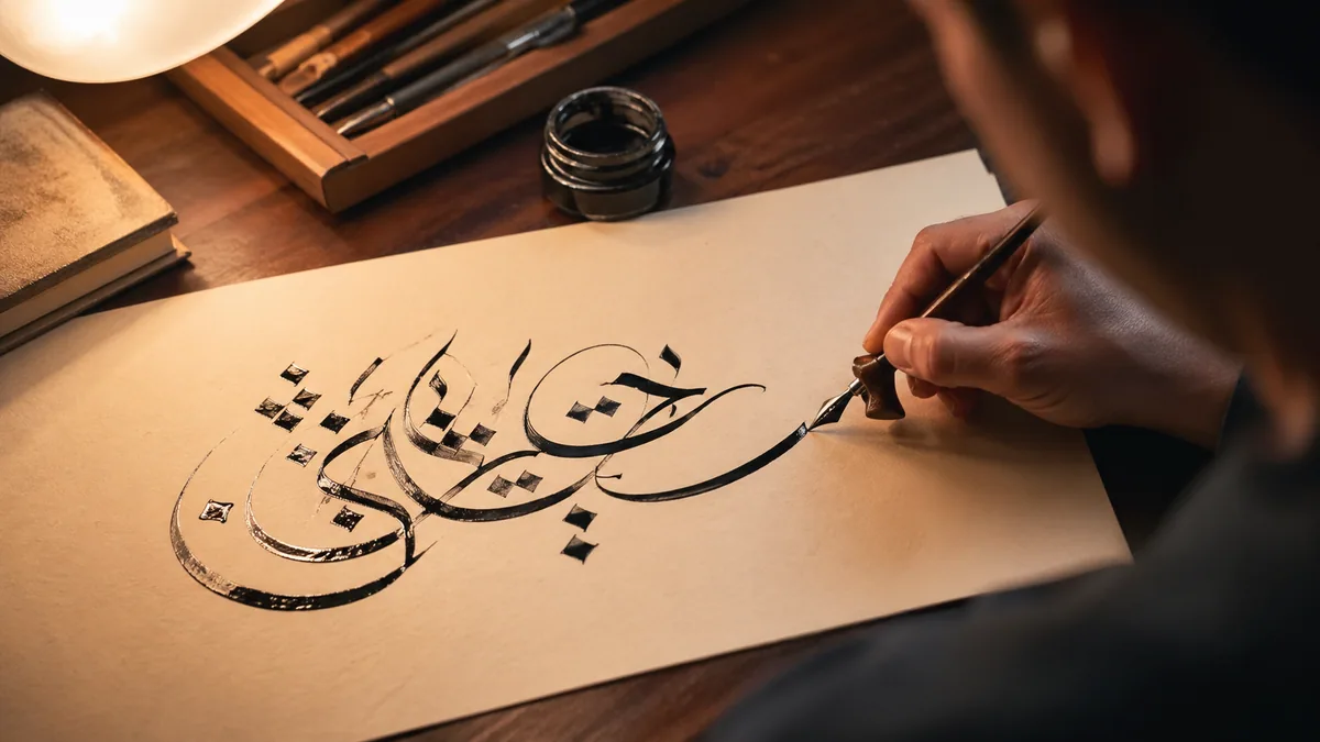 Over-the-shoulder shot of a calligrapher executing a sweeping flourish with an oblique pen holder