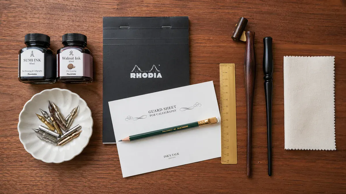 Overhead flat-lay of a complete calligraphy starter kit: oblique holder, pointed nibs, ink bottles, Rhodia pad, and accessories on walnut wood