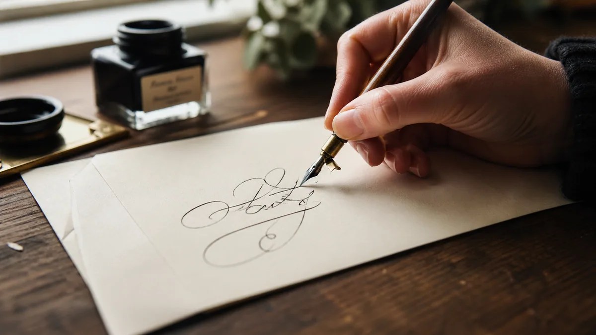 Close-up of a calligrapher's hand addressing a cream wedding envelope with an oblique pen holder and pointed nib