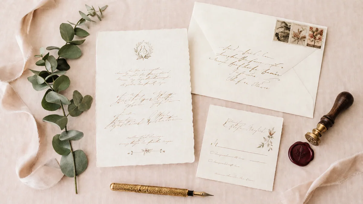 Overhead flat-lay of a luxury wedding stationery suite — invitation, RSVP, hand-addressed envelope, eucalyptus, and burgundy wax seal