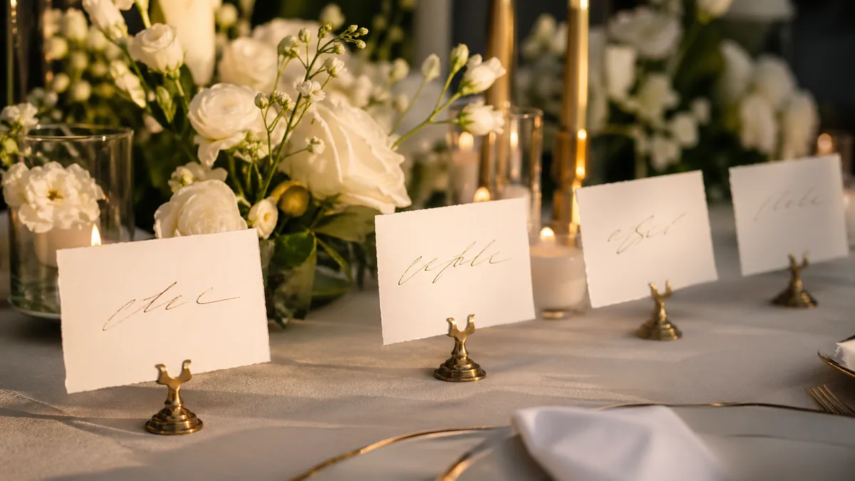 Row of hand-lettered wedding place cards in brass holders with soft white florals and candlelight