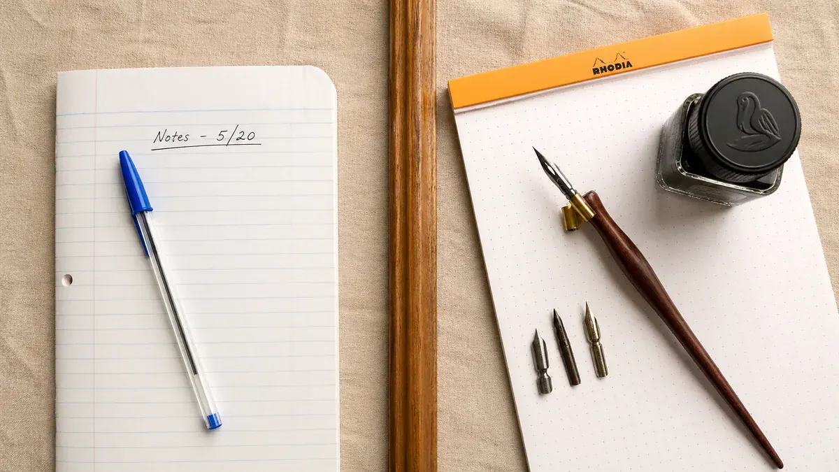 Flat-lay comparing simple ballpoint and notebook on the left to oblique holder, nibs, and inkwell on the right
