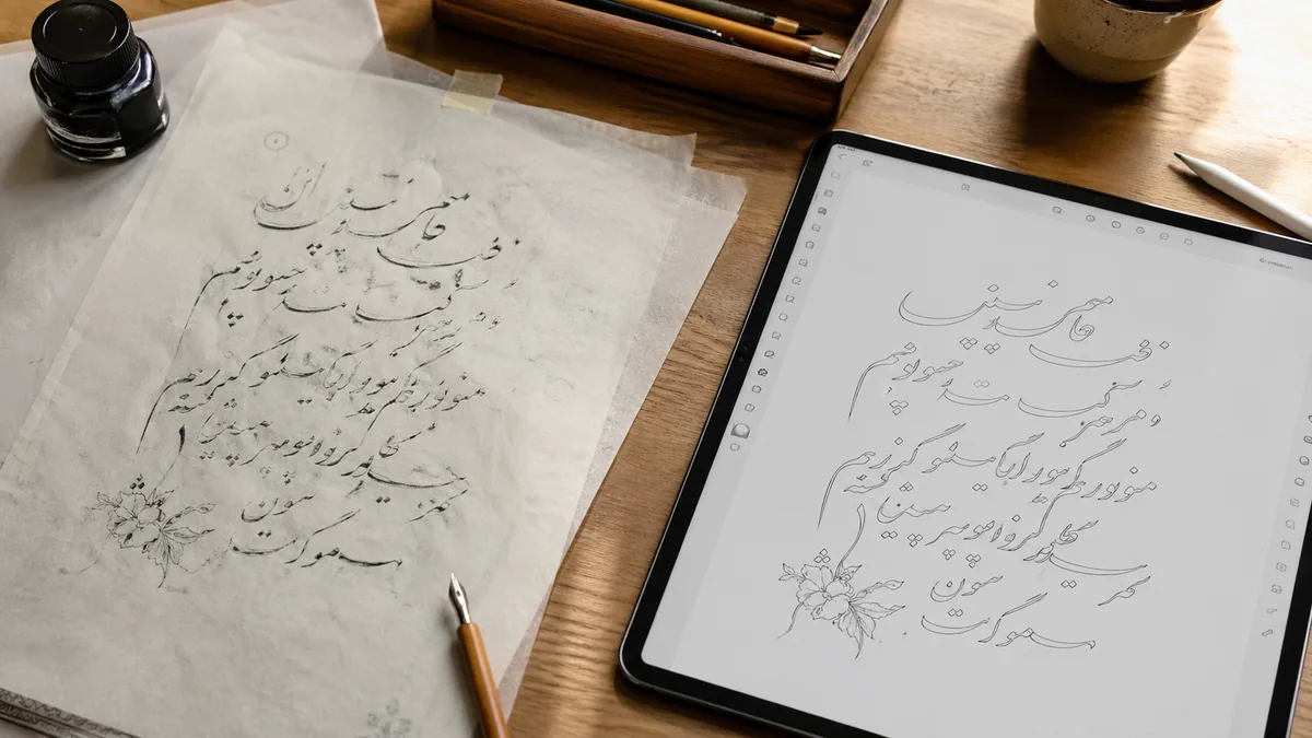 Still life showing an inked hand-drawn cursive letter on tracing paper next to a tablet displaying the same letter as a vector outline