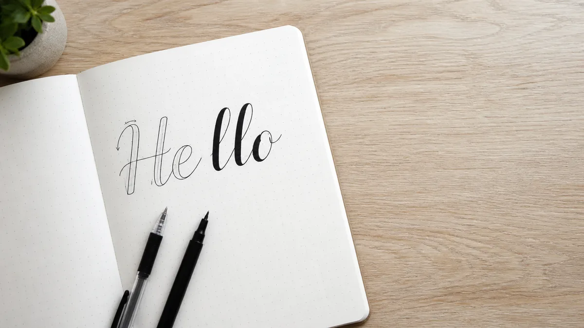 Faux calligraphy tutorial showing elegant lettering with a ballpoint pen