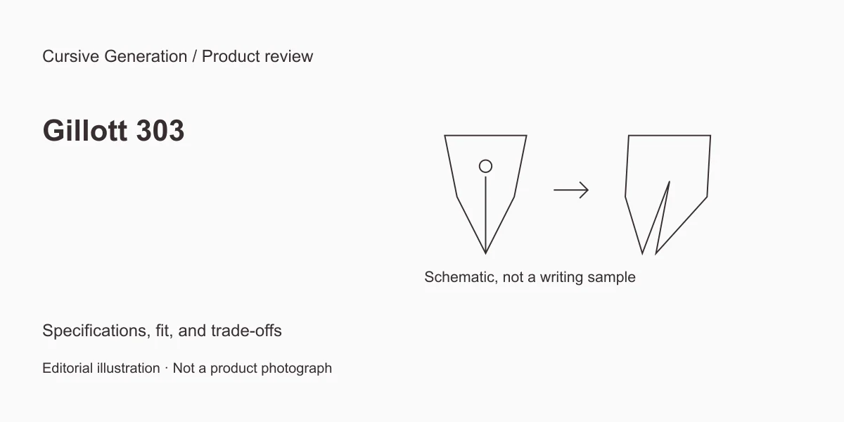 Gillott 303 review: a fine point for smaller Copperplate. Editorial illustration, not a product photograph.