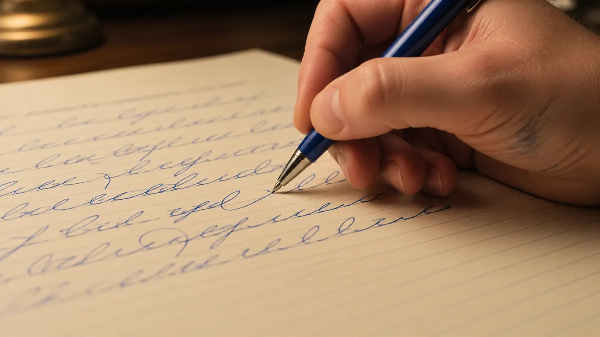 Right hand mid-stroke writing flowing cursive loops with a blue ballpoint pen on cream ruled paper