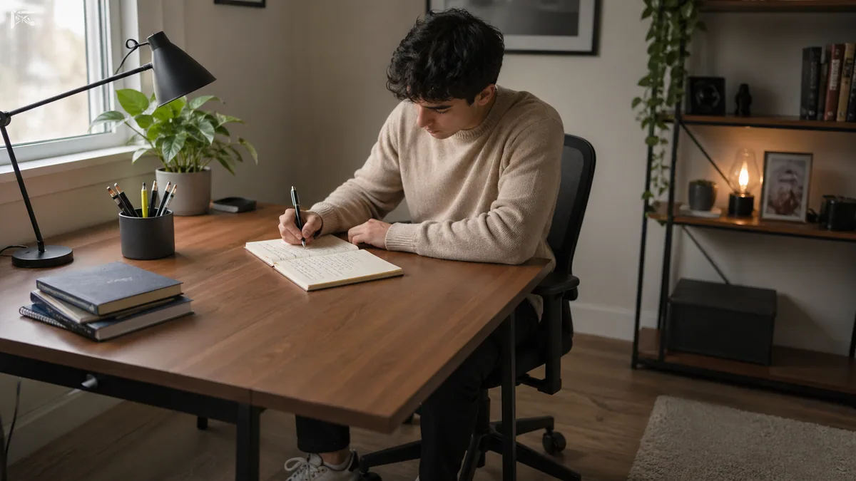 Young adult sitting upright at a wooden desk with paper tilted 35 degrees, demonstrating correct cursive writing posture