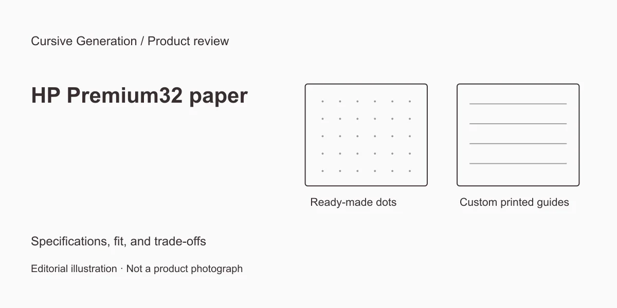 HP Premium32 paper review: printable practice, with caveats. Editorial illustration, not a product photograph.