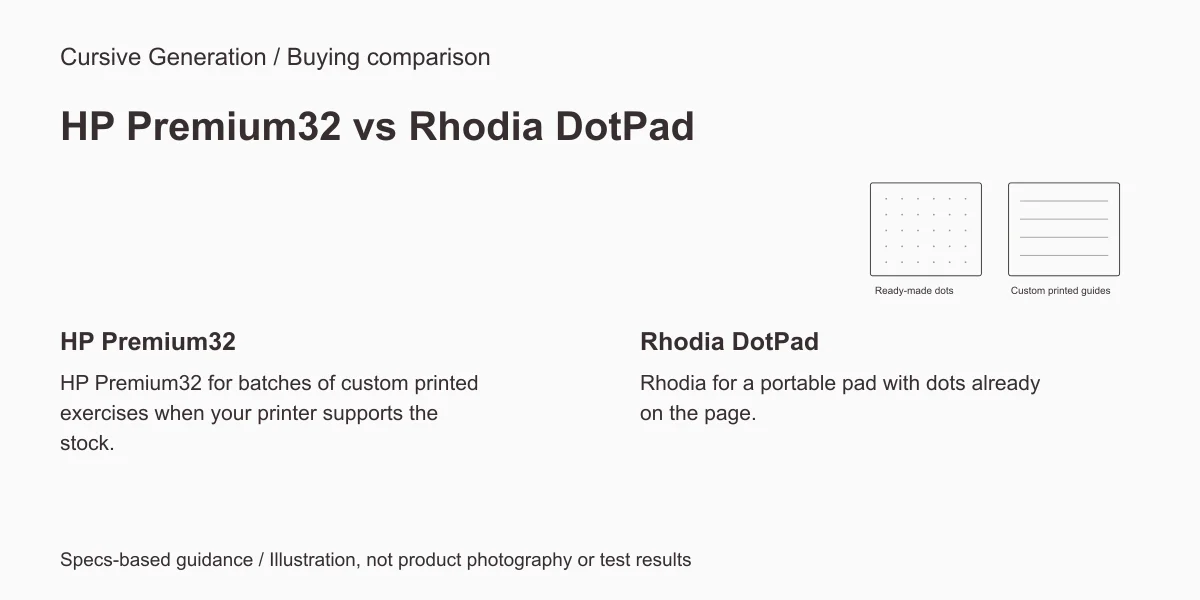 HP Premium32 versus Rhodia DotPad. Editorial diagram, not product photography or test results.
