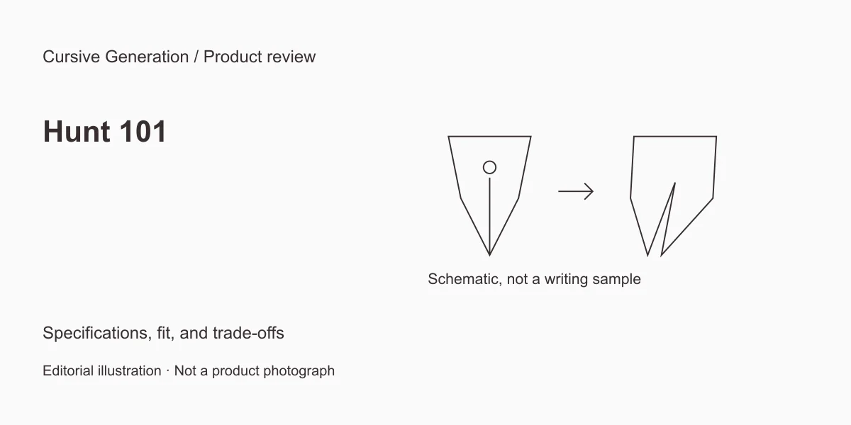 Hunt 101 review: pointed lettering without a flex score. Editorial illustration, not a product photograph.