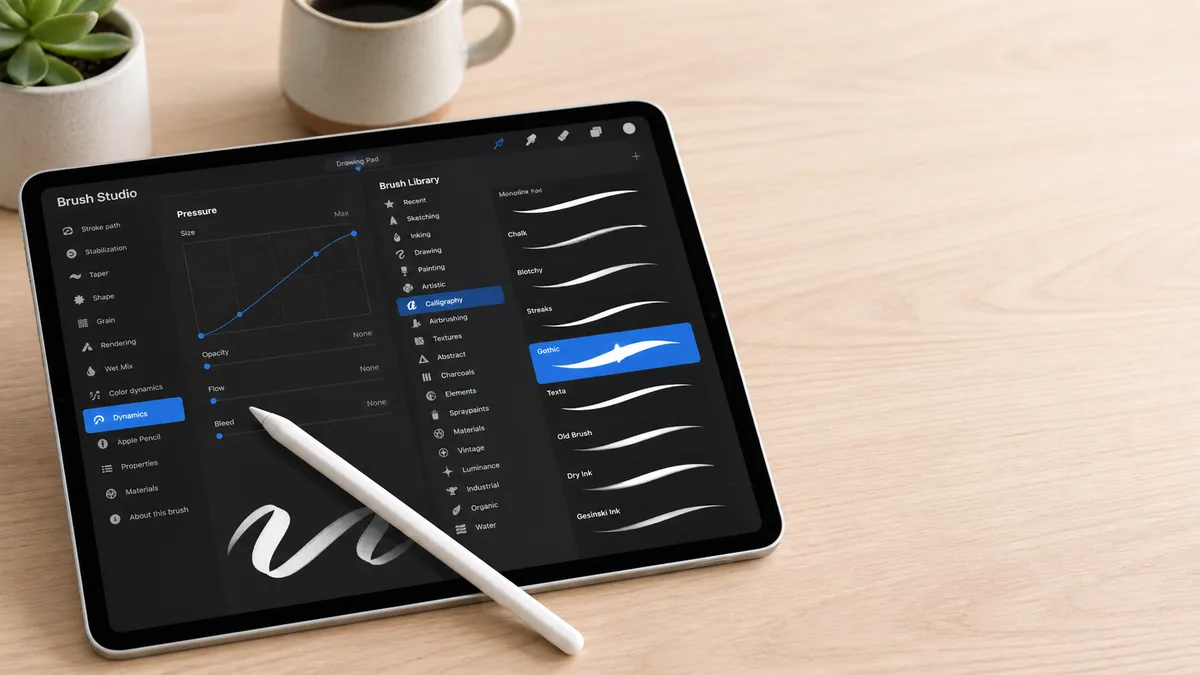 iPad showing Procreate calligraphy setup screen with pressure curve adjustment and brush library
