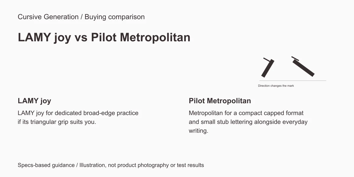 LAMY joy versus Pilot Metropolitan. Editorial diagram, not product photography or test results.