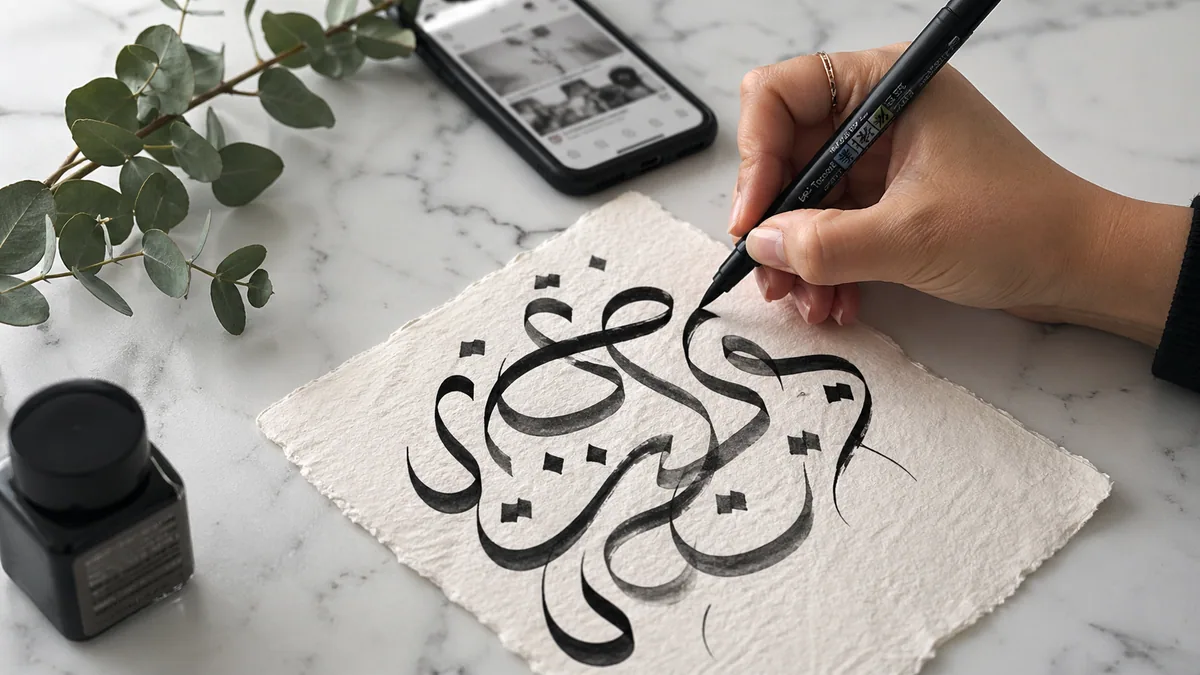 Young calligrapher's hand using a Tombow brush pen to write modern bouncy lettering on textured handmade paper