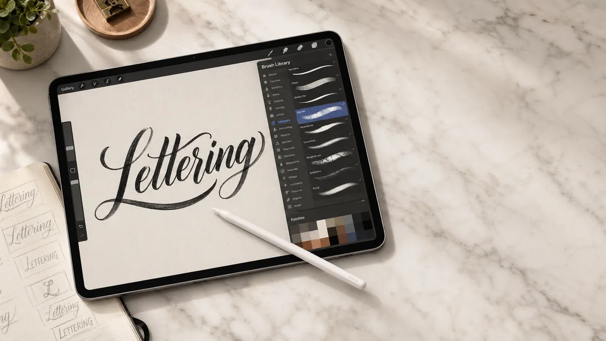 iPad with Apple Pencil showing Procreate lettering workspace with calligraphy brushes