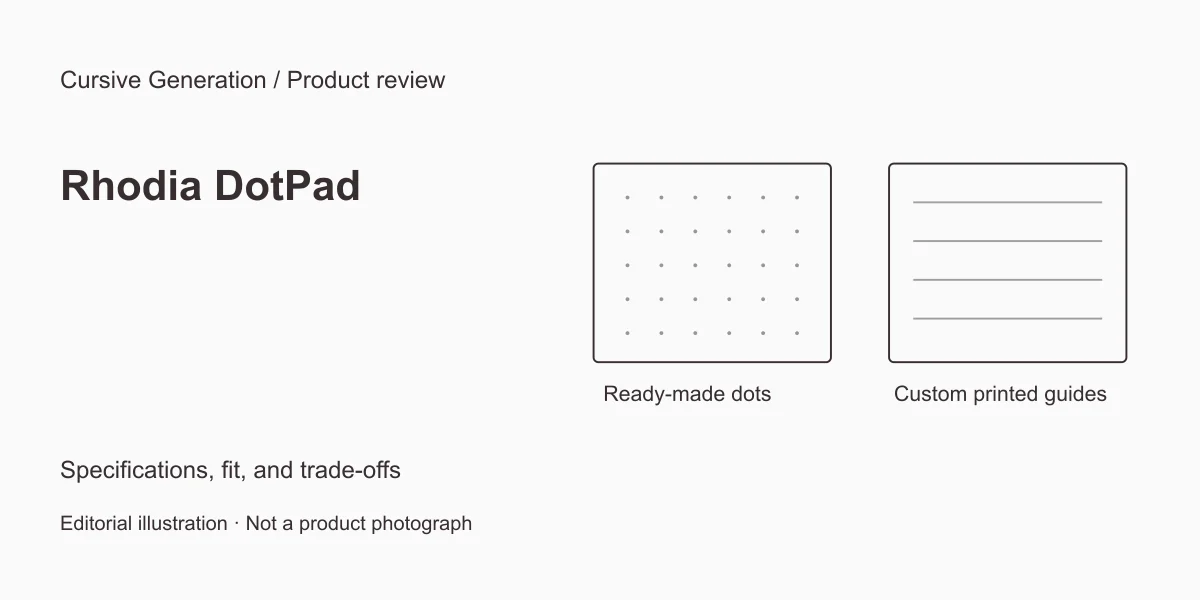 Rhodia DotPad review: A4 dots for calligraphy practice. Editorial illustration, not a product photograph.