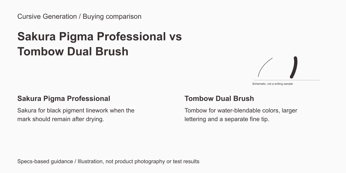 Sakura Pigma Professional versus Tombow Dual Brush. Editorial diagram, not product photography or test results.