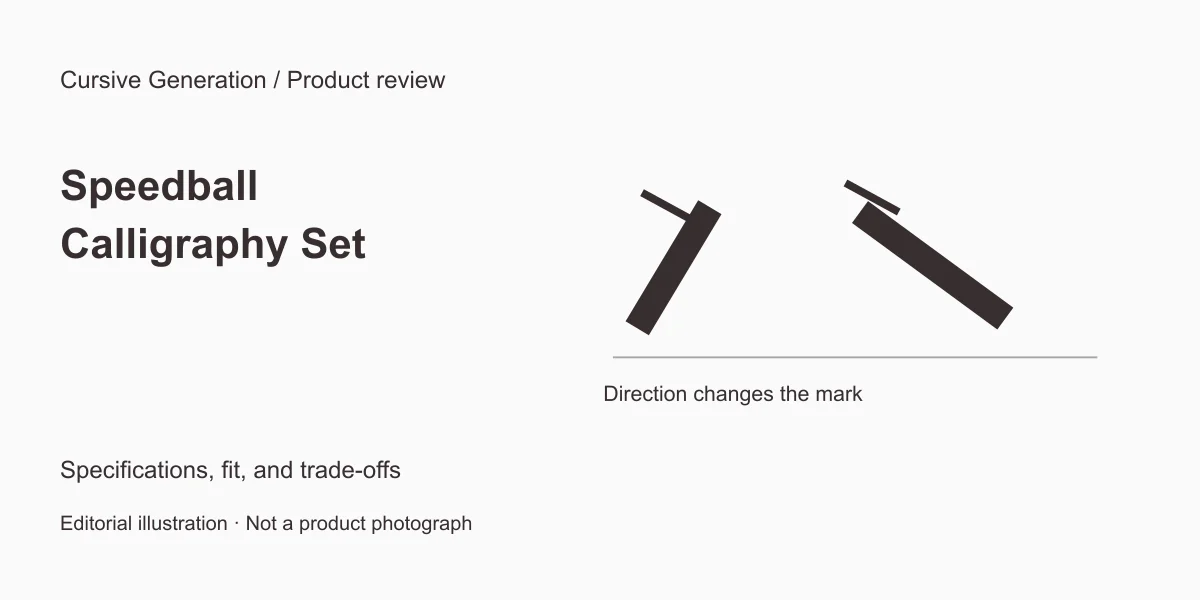 Speedball Calligraphy Set review: check the box contents. Editorial illustration, not a product photograph.