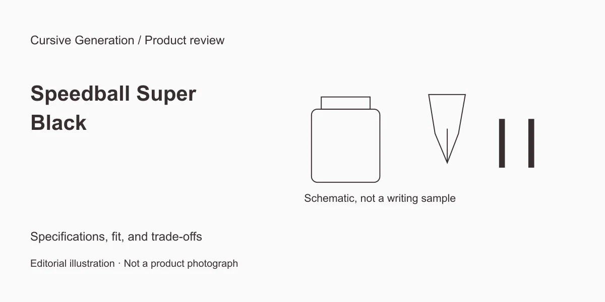 Speedball Super Black review: a focused bottle for black linework. Editorial illustration, not a product photograph.