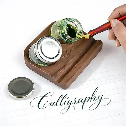 Walnut Wood Tilting Calligraphy Pen Holder with Ink Bottles product image