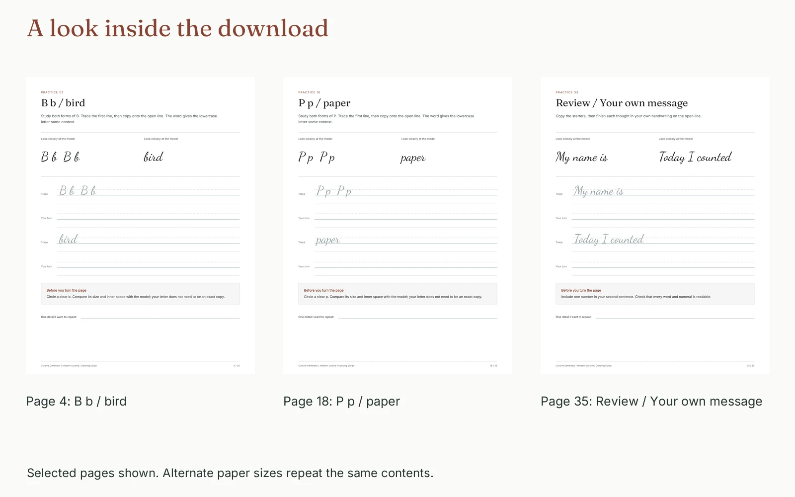 Selected pages and their actual page numbers