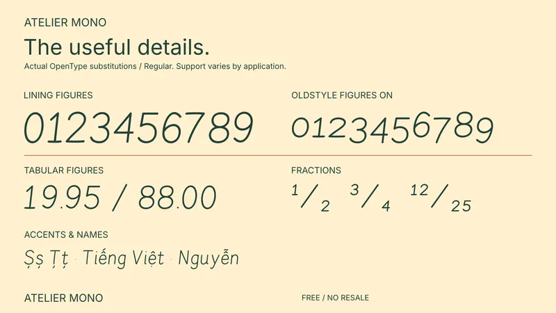 Atelier Mono: examples of included font features