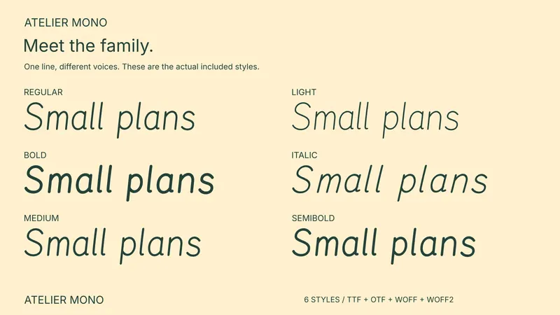 Atelier Mono style comparison: Regular, Light, Bold, Italic, Medium, Semibold