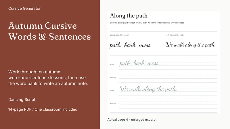 Autumn Cursive Words & Sentences: actual page excerpt