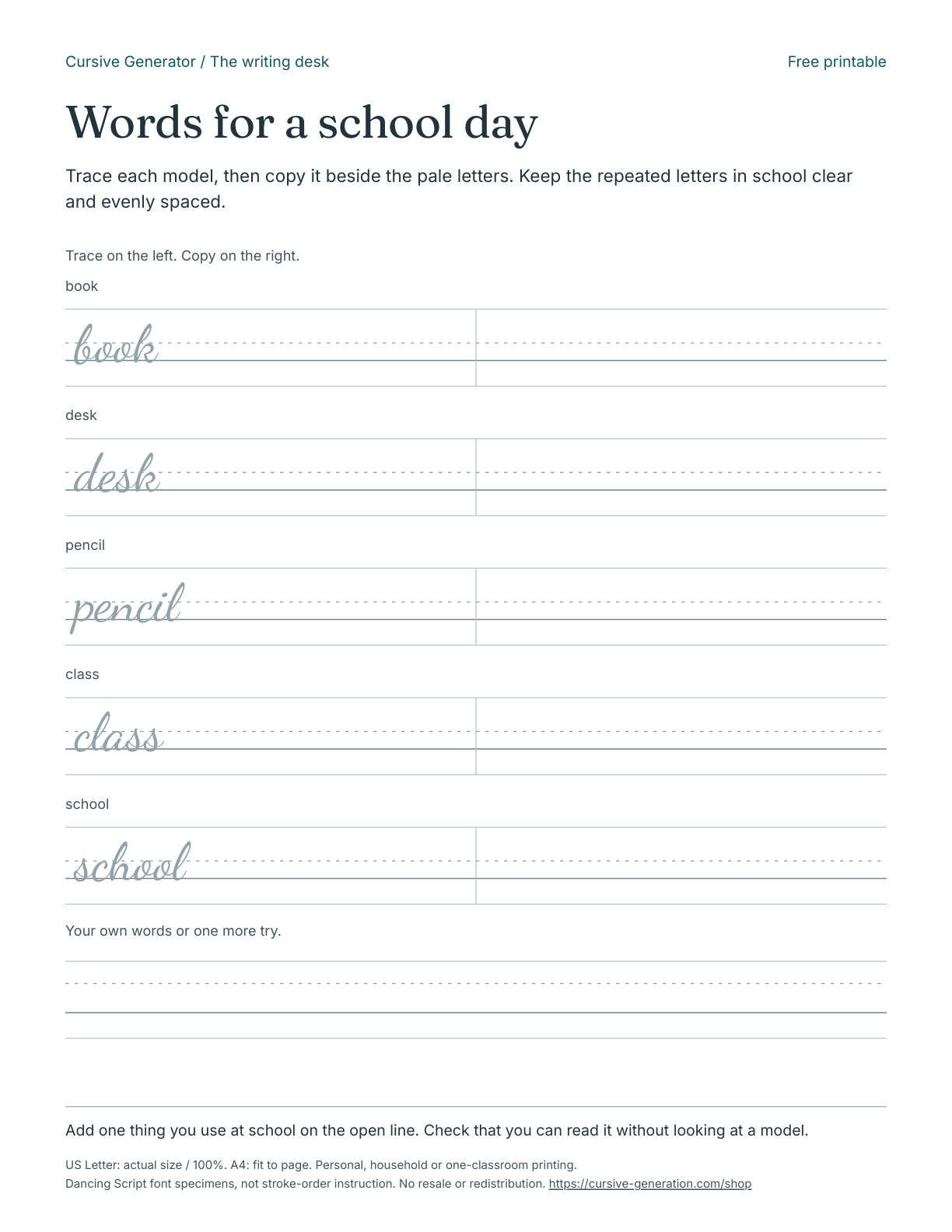 Printable page from Words for a school day - Free Printable