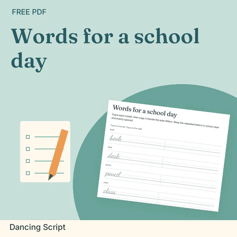 Words for a school day, Dancing Script: illustrated preview with actual page excerpt
