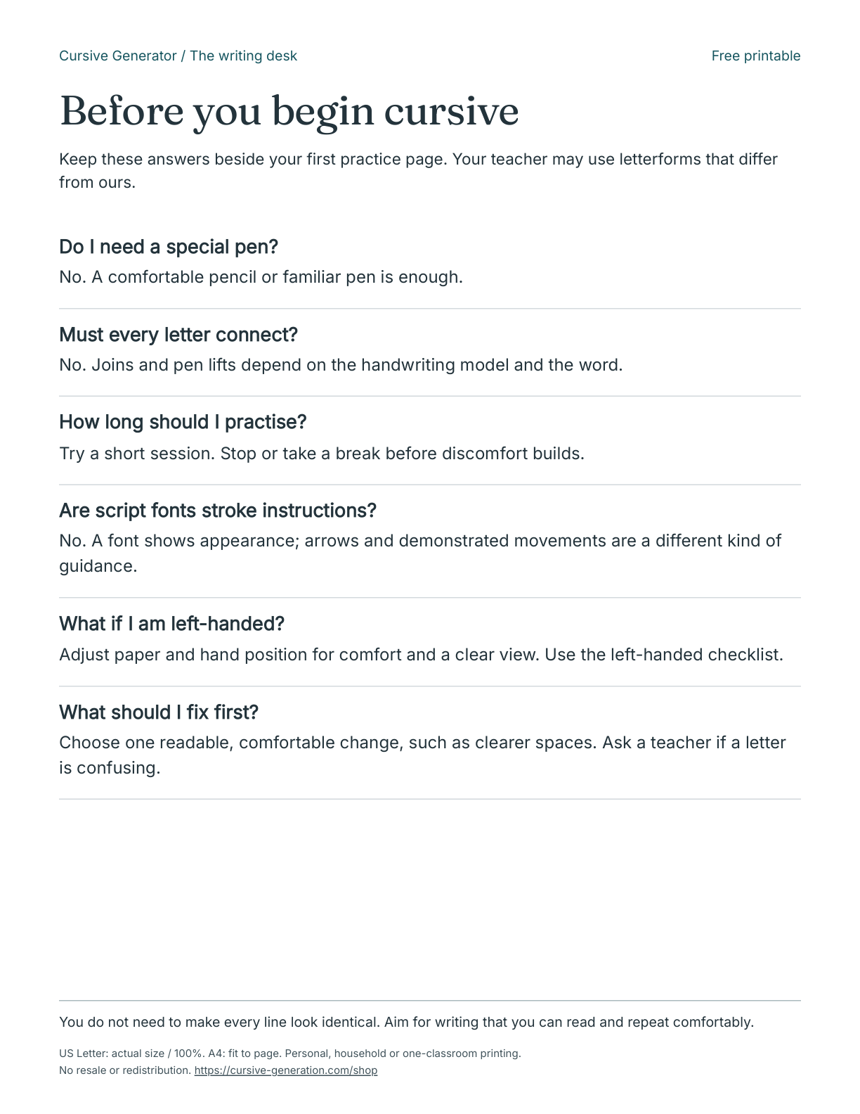 Before you begin cursive - Free Printable: actual PDF cover