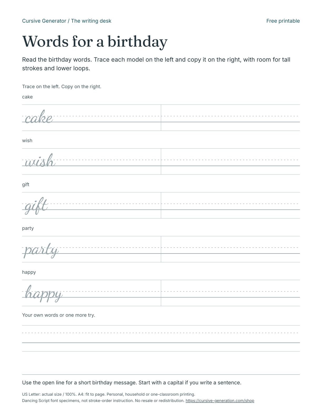 Printable page from Words for a birthday - Free Printable