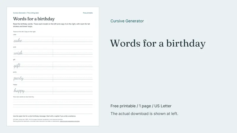 Words for a birthday - Free Printable: printable page preview