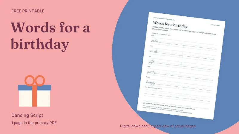 Words for a birthday: styled actual-page preview