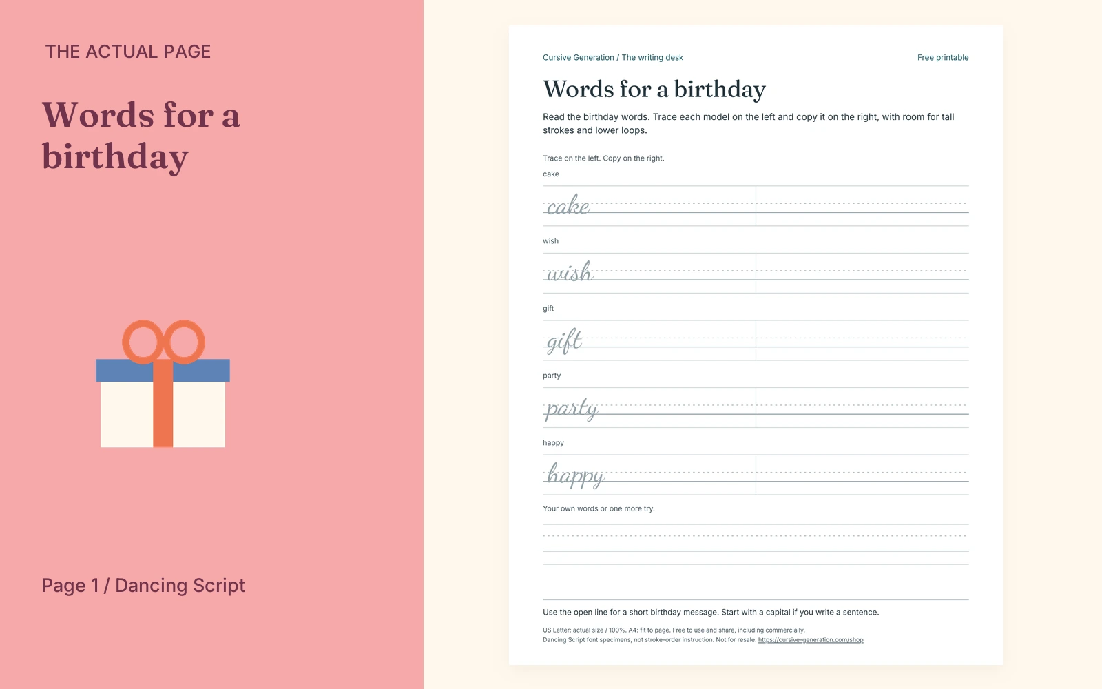 Complete actual page 1: Words for a birthday